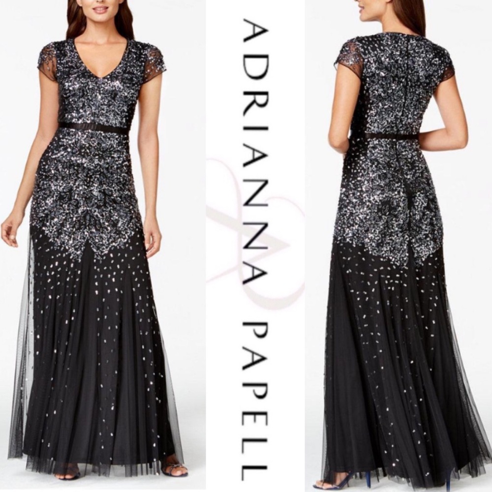 Adrianna Papell Plus size beaded cap sleeves gown - Picture 3 of 13